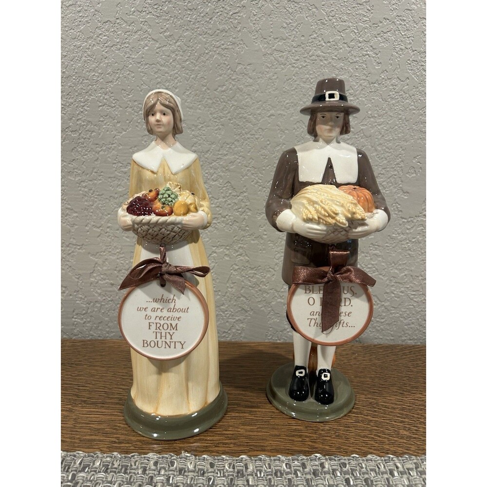 Pilgrims Thanksgiving Decor Fall Pumpkins Turkey Man & Woman Tabletop 10” Tall